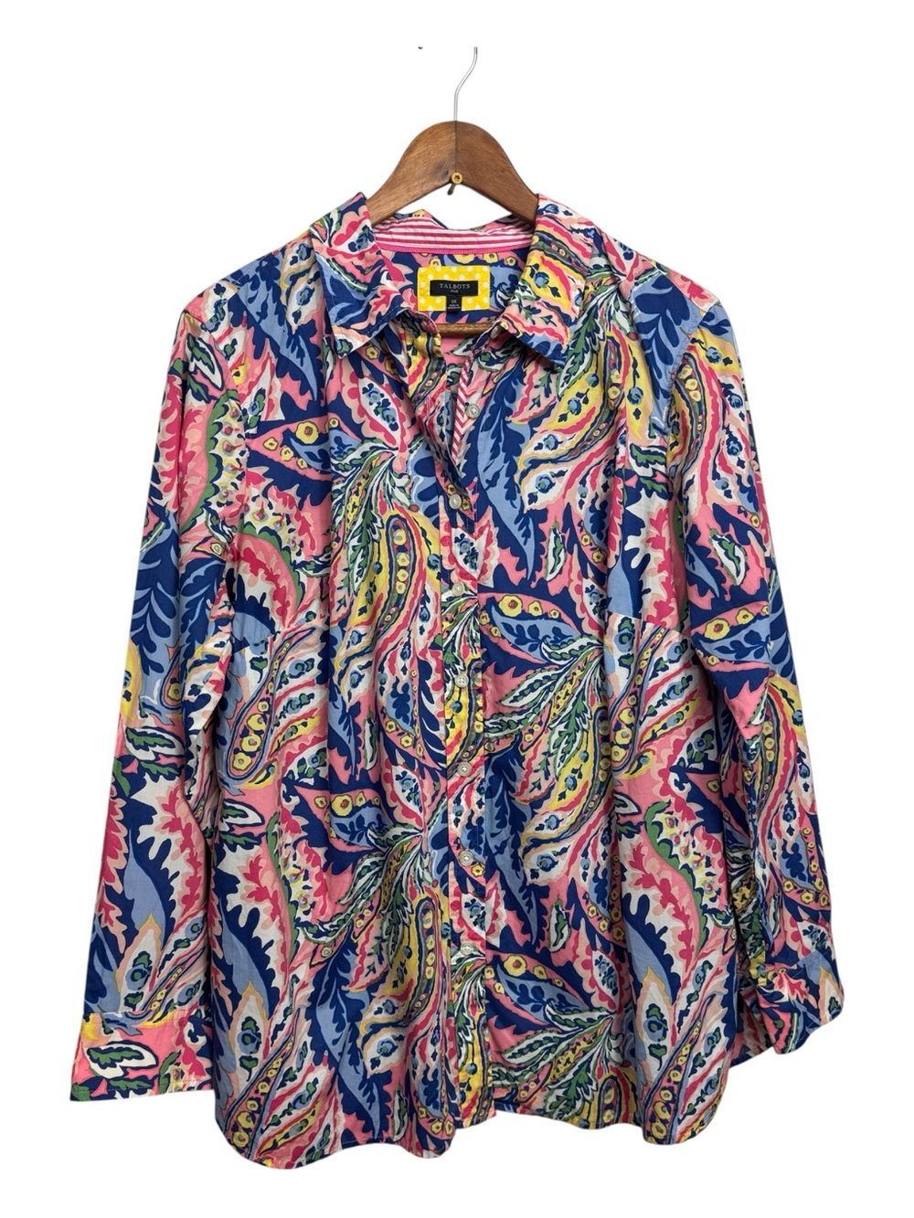 Talbots Pink, Blue & Yellow Paisley Cotton Button-Down Shirt 1x